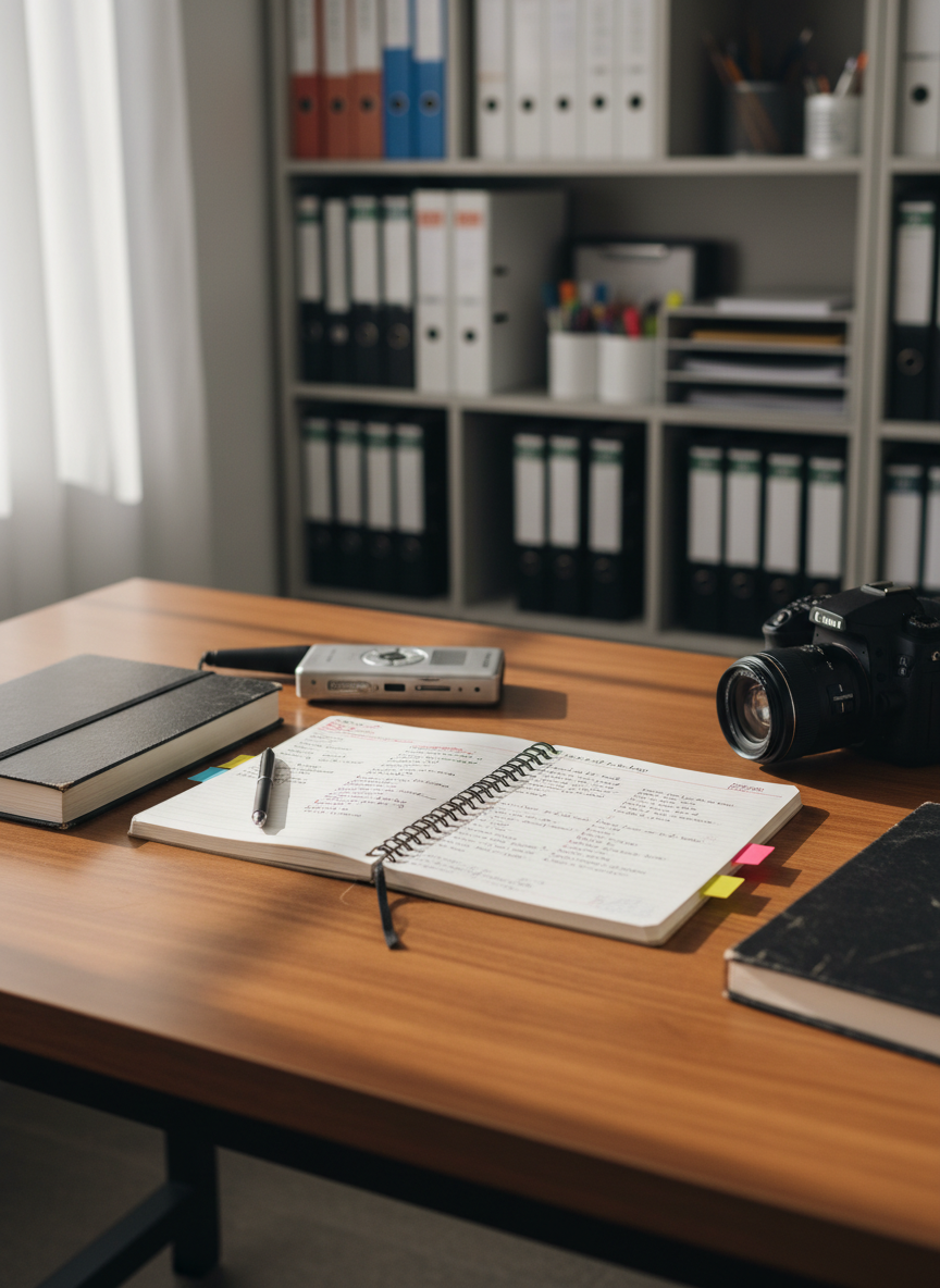 A neatly arranged creative workspace centered around an open, spiral-bound notebook filled with handwritten story ideas, revision marks, and colorful sticky tabs. Surrounding it are well-worn sketchbooks, a small handheld audio recorder, and a modest DSLR camera resting on a smooth wooden table. Soft, diffused morning light from an unseen window washes across the surface, creating gentle shadows and bringing out the warm grain of the wood. In the softly blurred background, shelves of labeled binders and art supplies hint at structured guidance and learning. Photographic realism, shot at eye level with a shallow depth of field, conveys a calm, hopeful atmosphere of organized creativity and mentorship-ready focus.