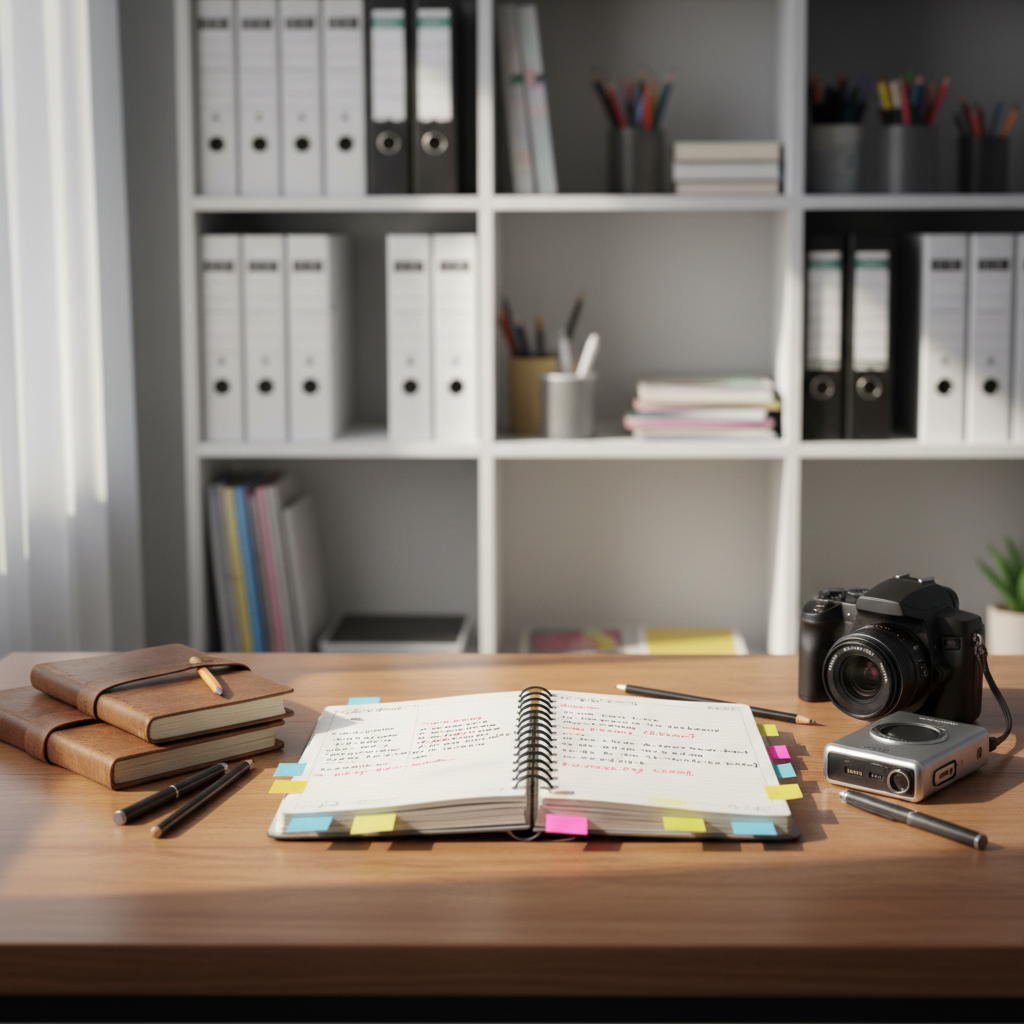 A neatly arranged creative workspace centered around an open, spiral-bound notebook filled with handwritten story ideas, revision marks, and colorful sticky tabs. Surrounding it are well-worn sketchbooks, a small handheld audio recorder, and a modest DSLR camera resting on a smooth wooden table. Soft, diffused morning light from an unseen window washes across the surface, creating gentle shadows and bringing out the warm grain of the wood. In the softly blurred background, shelves of labeled binders and art supplies hint at structured guidance and learning. Photographic realism, shot at eye level with a shallow depth of field, conveys a calm, hopeful atmosphere of organized creativity and mentorship-ready focus.