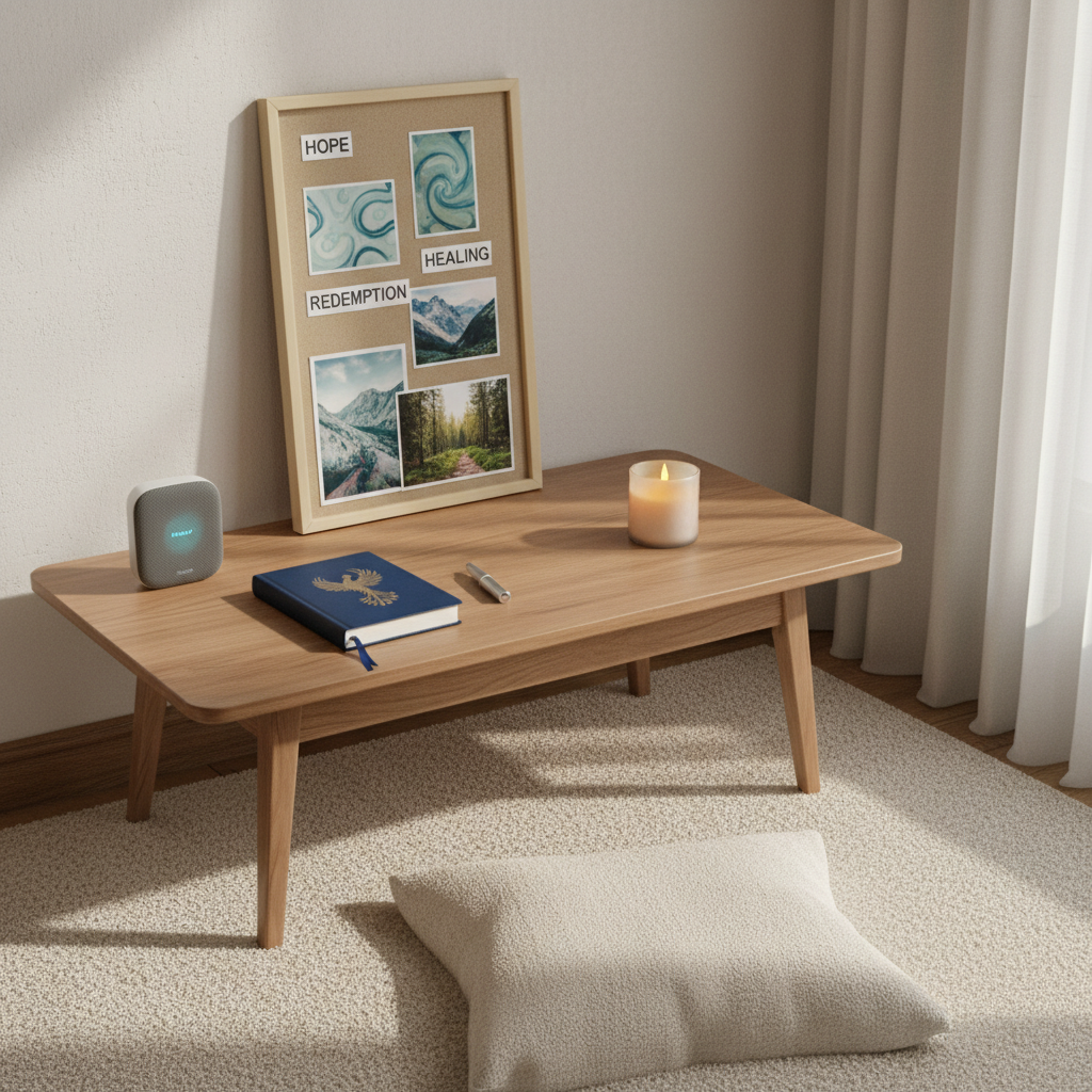A serene creative reflection corner featuring a simple, comfortable armchair-shaped cushion implied by its indentation on the floor, facing a low wooden table topped with a closed hardcover journal, a capped pen, and a small, flickering LED candle housed in frosted glass. To the side sits a modest Bluetooth speaker, paused mid-track, its indicator light softly glowing. Behind the table, a neutral-toned wall hosts a framed vision board filled with printed words like “hope,” “growth,” and “redemption,” surrounded by photos of abstract art and nature scenes. Gentle, late-morning sunlight filters through unseen sheer curtains, casting soft, dappled patterns across the table. Photographic realism, framed with asymmetrical balance and a moderate depth of field, establishes a peaceful, introspective mood that supports personal development, emotional healing, and creativity as a path to new beginnings.