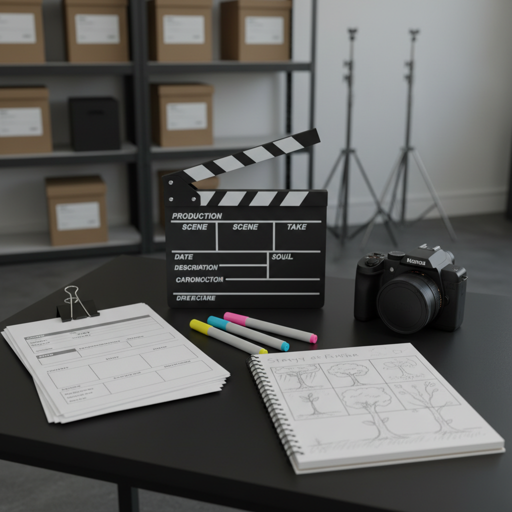 A collection of carefully organized film and storytelling tools arranged on a dark, matte table: a vintage-style film clapperboard with blank spaces for title and scene, a stack of neatly printed shot lists clipped together, colored highlighters, and a modest, entry-level video camera with a lens cap placed beside it. A storyboard notebook lies open, filled with rough but thoughtful pencil sketches of scenes depicting transformation and growth. Overhead, soft studio lighting produces even, shadowless illumination, while a faint, defocused background reveals shelves of labeled storage boxes and simple, budget-friendly lighting stands. Photographic realism, captured from an eye-level, three-quarter view with sharp focus throughout, creates a professional yet accessible atmosphere that emphasizes practical mentorship, education, and the power of visual storytelling to overcome adversity.