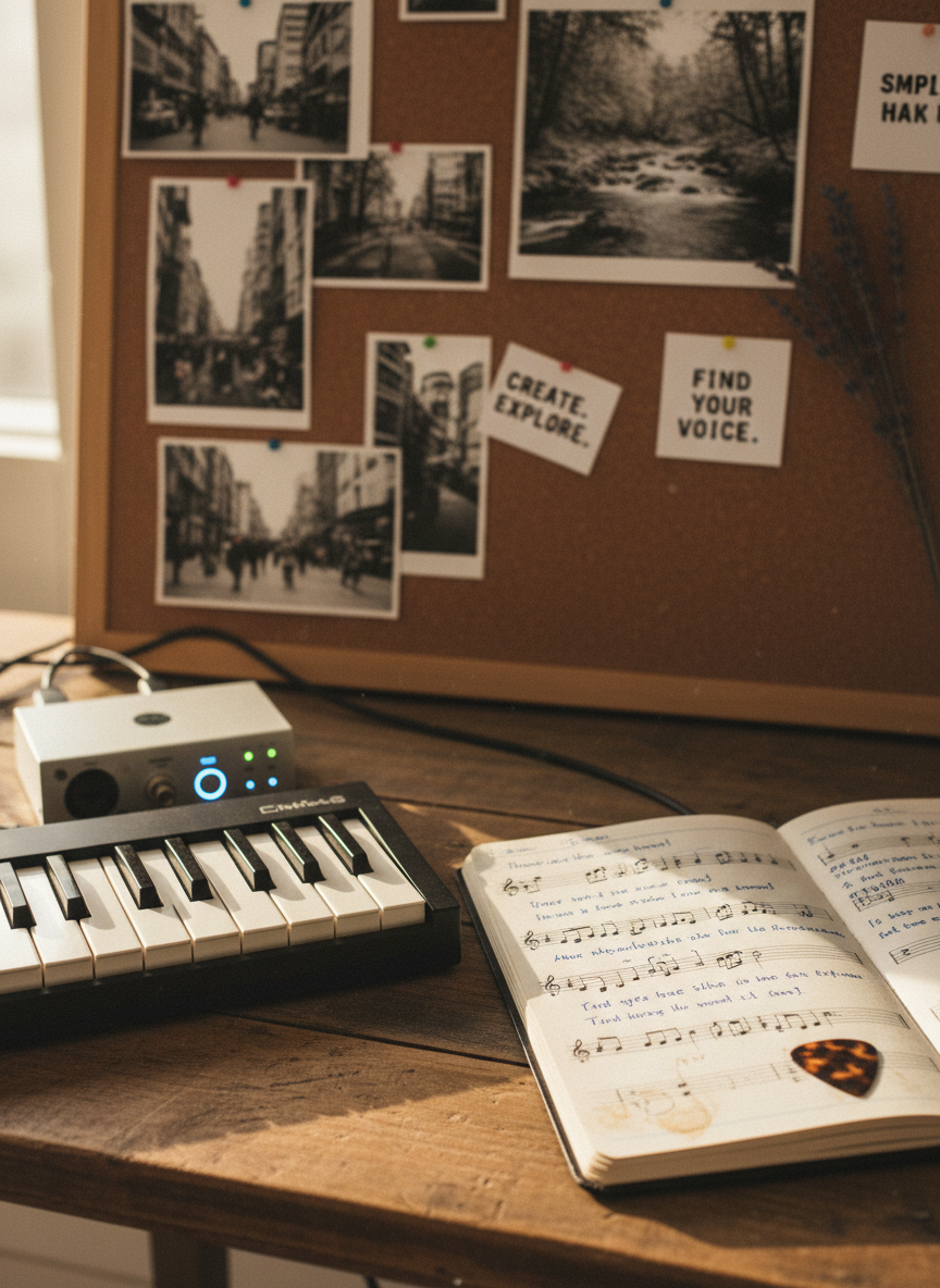 A close-up of a small, portable music production setup on a reclaimed wood desk: a compact MIDI keyboard with gently worn keys, a simple audio interface with softly glowing indicator lights, and a well-used spiral notebook open to handwritten lyrics and chord progressions. A single, slightly frayed guitar pick rests on the notebook page. In the background, slightly out of focus, a cork mood board displays printed photos of urban neighborhoods, nature scenes, and typed affirmations. Late afternoon natural light enters from the side, creating long, gentle shadows and a warm, contemplative tone. Photographic realism, shot from a slightly elevated angle with shallow depth of field, captures a mood of quiet determination, self-discovery, and creative healing through music.