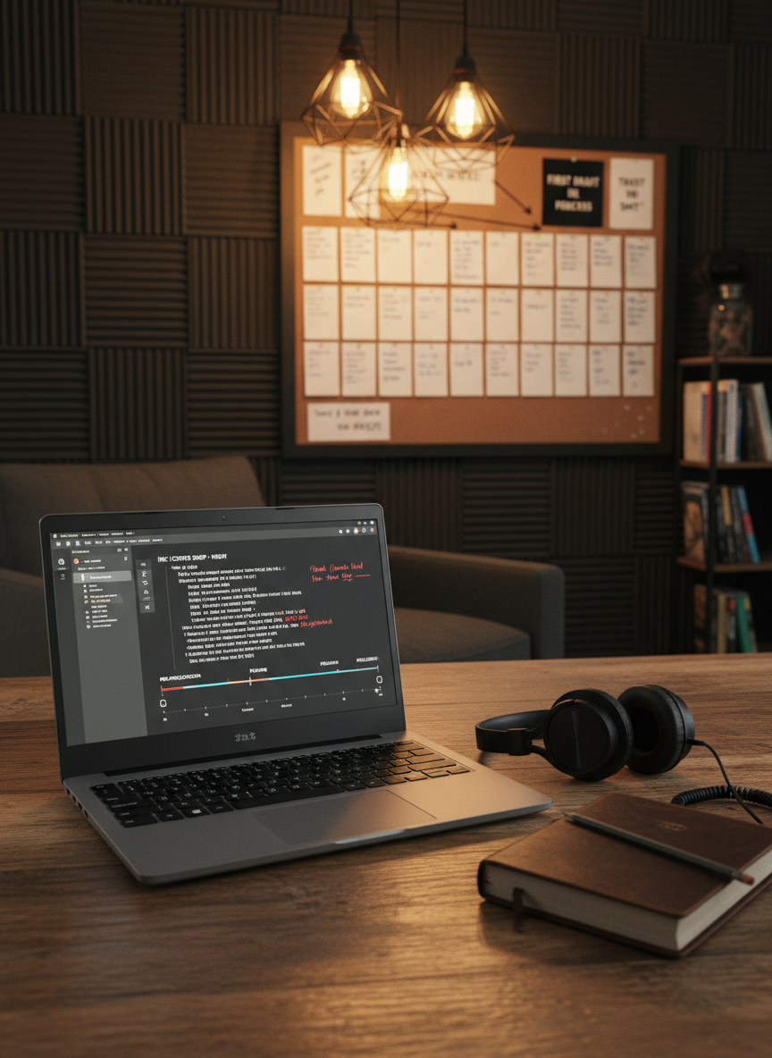 A sturdy, slightly scuffed laptop open on a table, its screen displaying a digital script draft with visible scene headings and dialogue notes, alongside a simple timeline for a short film project. Beside it, a pair of over-ear headphones rest on a worn leather-bound journal, a pencil laid diagonally across the cover. The workspace sits in a minimalist studio environment with acoustic foam panels and a corkboard wall covered in carefully pinned index cards and printed quotes. Warm pendant lighting from above casts a soft, golden glow, creating subtle reflections on the laptop keys. Photographic realism, framed using the rule of thirds, with sharp focus on the tools of creation and a slightly blurred background, evokes focused guidance, resilience, and the journey from idea to finished work.